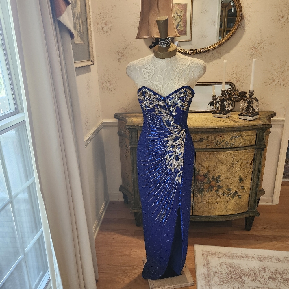 Della Roufogali Dore Fully Beaded Royal Blue & Silver 90s Evening Gown 4 Small